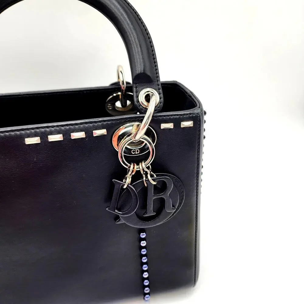 CHRISTIAN DIOR Black Leather Studs Embellished Medium Lady Dior Tote RARE - Picture 3 of 17